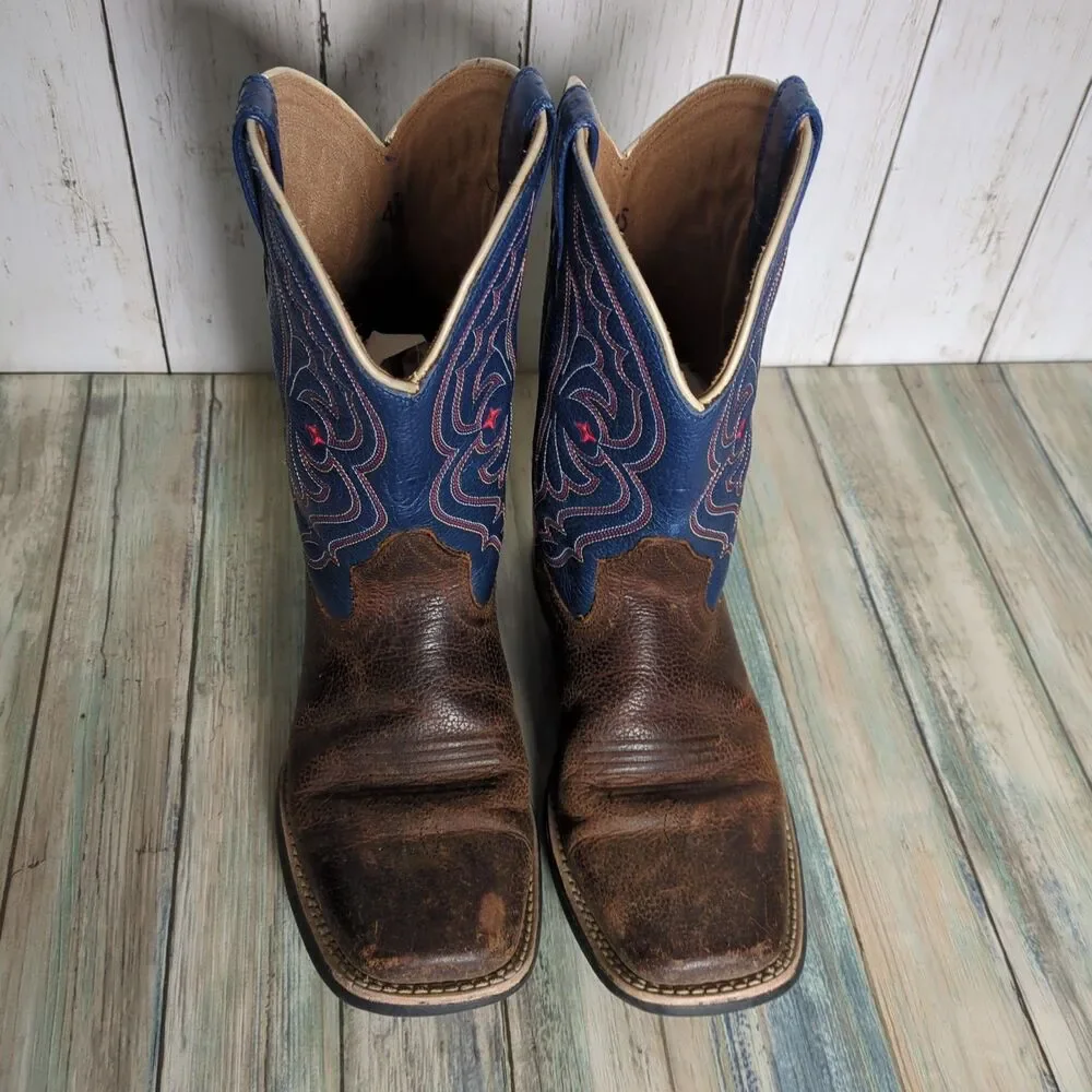 Ariat Quickdraw Brown Blue Red Leather Western Boots Kids 4.5 Cowboy Rodeo USA